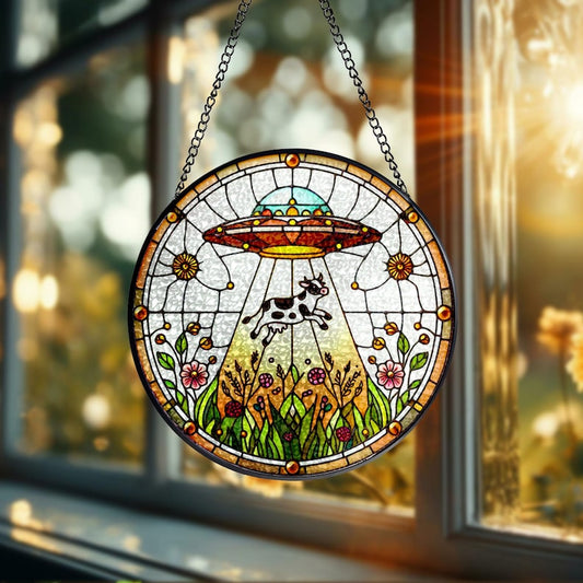 UFO Abduction Cow Wildflowers Stained Glass Suncatcher