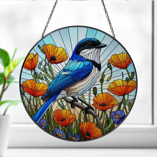 California Scrub Jay And Poppies Stained Glass Suncatcher