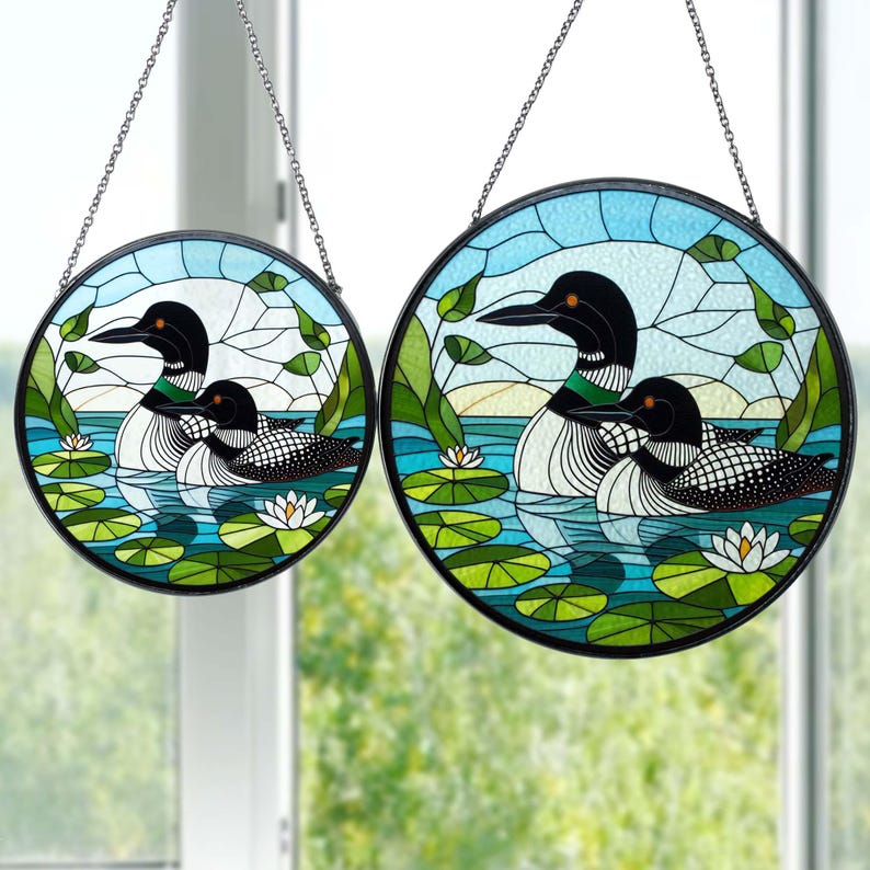 Loon Bird Couple Stained Glass Suncatcher