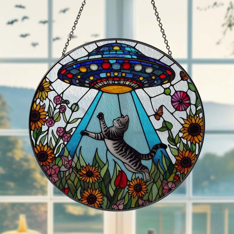 UFO Abduction Tabby Cat Wildflowers Stained Glass Suncatcher