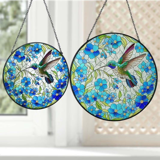 Hummingbird Among Forget Me Not Flowers Stained Glass Suncatcher