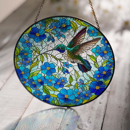 Hummingbird Among Forget Me Not Flowers Stained Glass Suncatcher