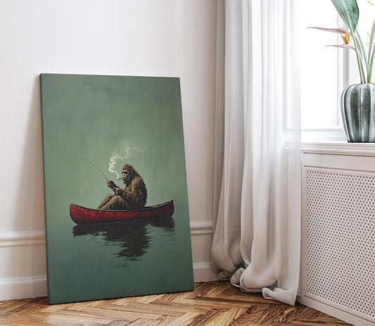 Bigfoot On A Red Canoe Fishing Retro Art Canvas