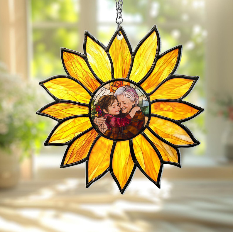 Sunlit Memories – Personalized Sunflower Photo Stain Glass Suncatcher