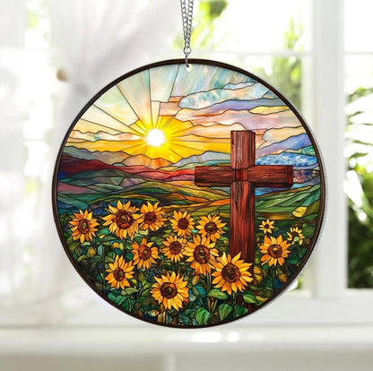 Sunflower and Cross Acrylic Ornament, Floral Window Hanging Ornament