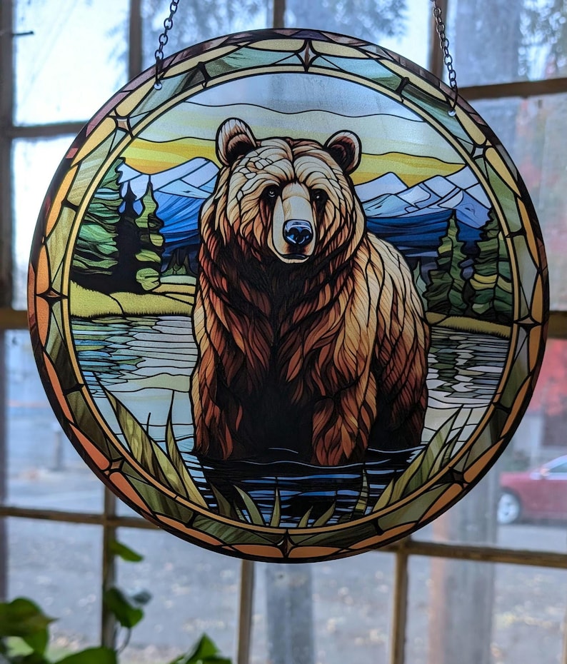 Grizzly Bear Stained Glass Suncatcher
