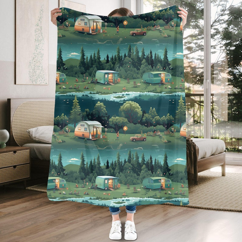 Cute Camper Dark Green Camping Lovers Gift Blanket
