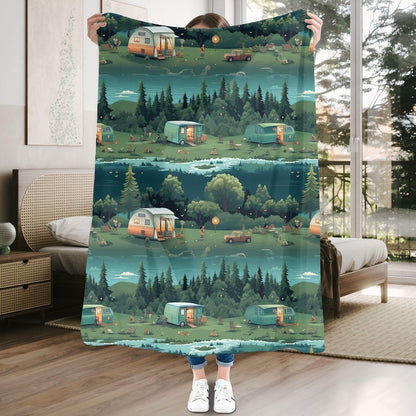 Cute Camper Dark Green Camping Lovers Gift Blanket