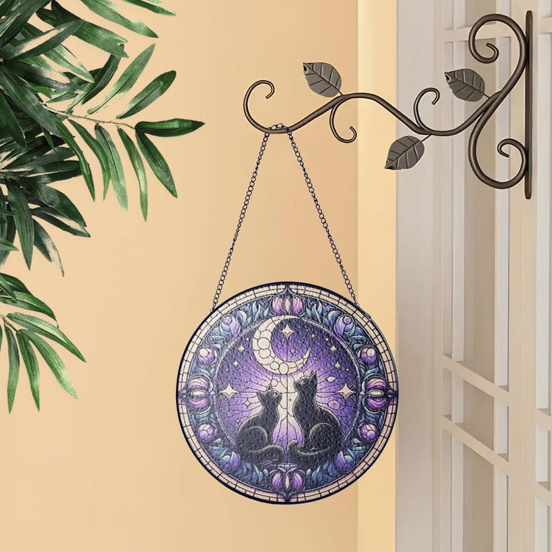 Black Cat Moon Stained Glass Suncatcher