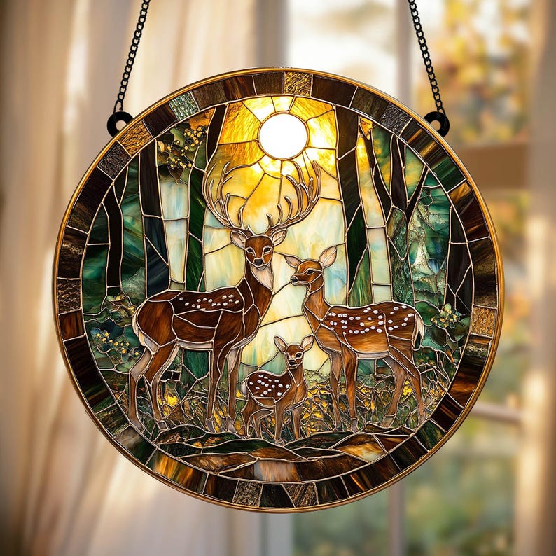Deer Family Faux Stained Glass Suncatcher