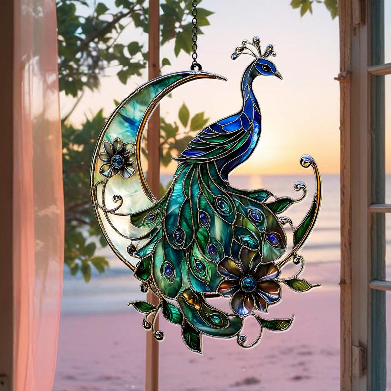 Peacock Crescent Moon Stained Glass Suncatcher