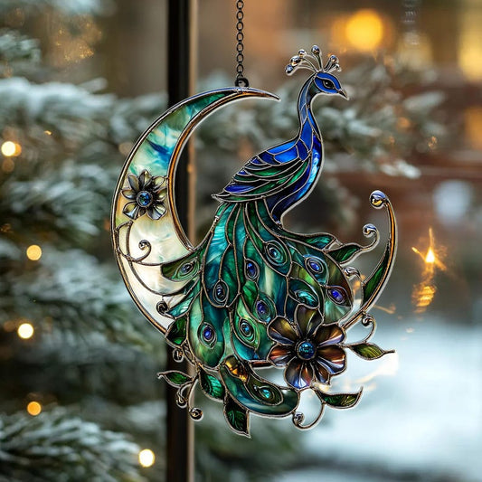 Peacock Crescent Moon Stained Glass Suncatcher