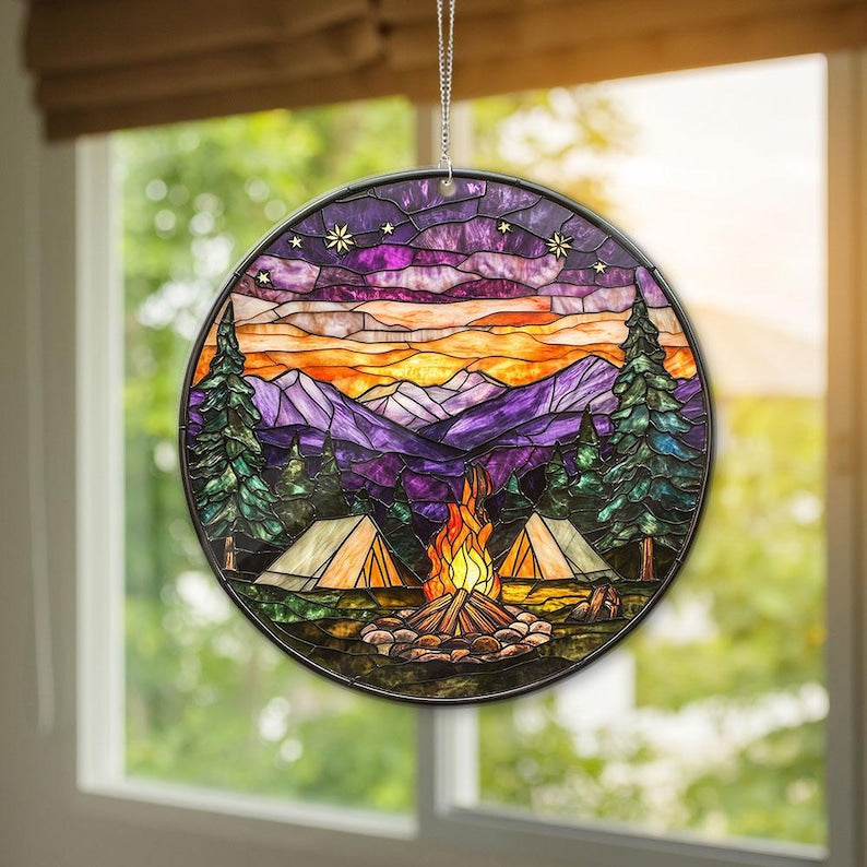Starry Camp Fire Stained Glass Suncatcher