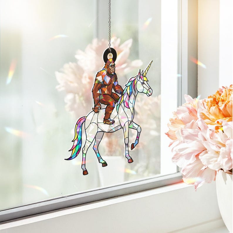 Hologram Bigfoot Riding Unicorn Acrylic Window Hanging