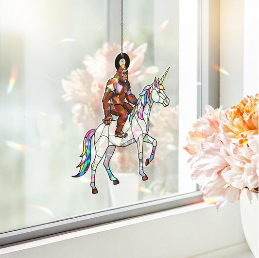 Hologram Bigfoot Riding Unicorn Acrylic Window Hanging