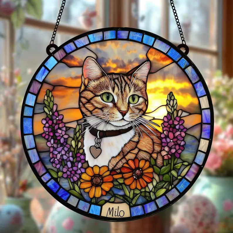 Custom Photo Cat Memorial Stained Glass Suncatcher