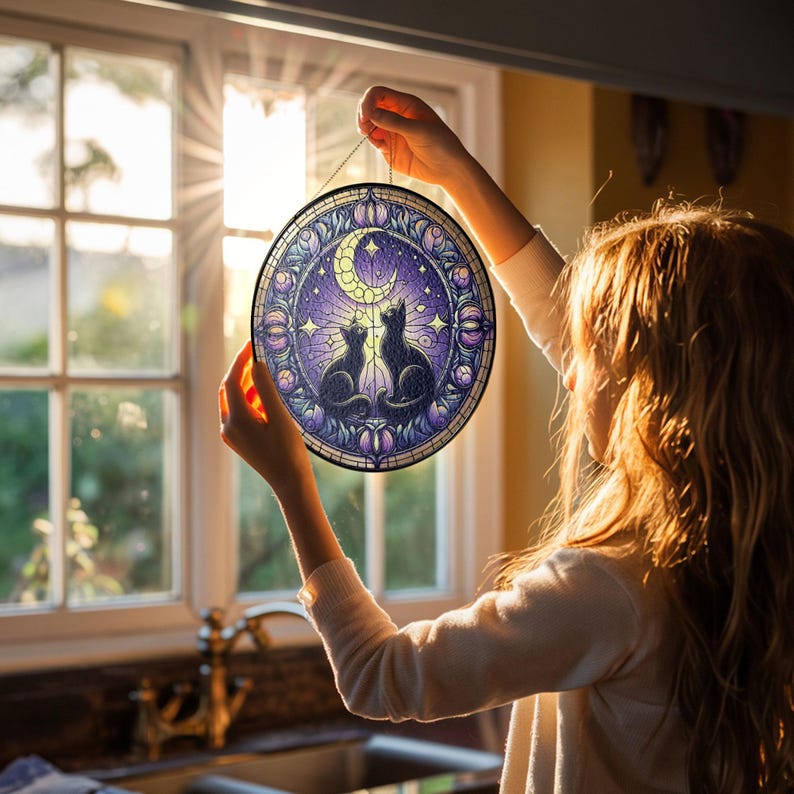 Black Cat Moon Stained Glass Suncatcher