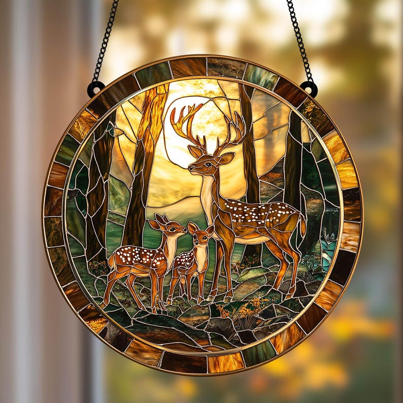 Deer Family Faux Stained Glass Suncatcher
