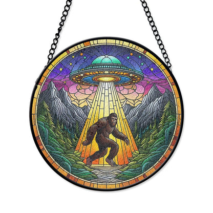 Funny UFO Abduction Bigfoot Stained Glass Suncatcher