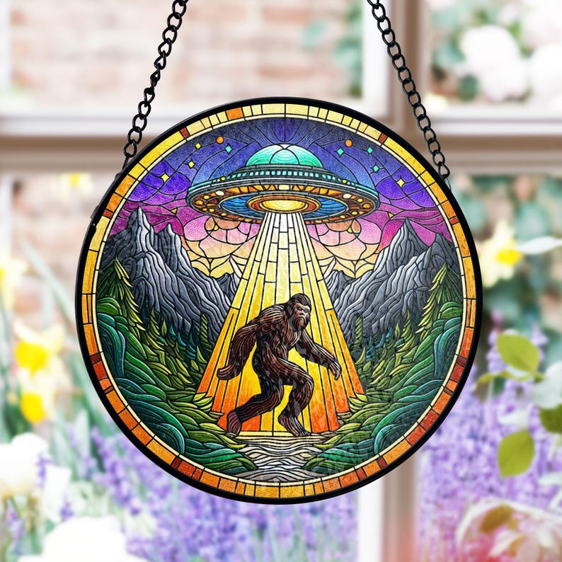 Funny UFO Abduction Bigfoot Stained Glass Suncatcher