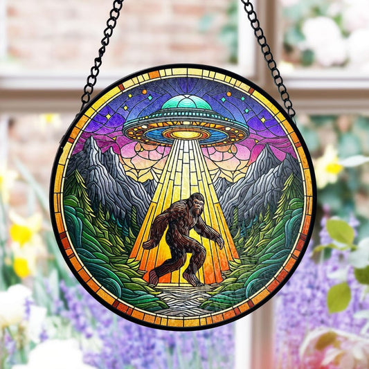 Funny UFO Abduction Bigfoot Stained Glass Suncatcher