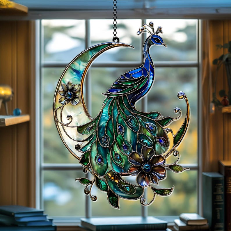 Peacock Crescent Moon Stained Glass Suncatcher