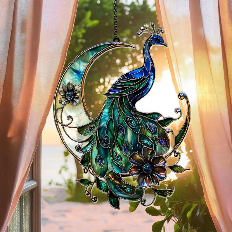 Peacock Crescent Moon Stained Glass Suncatcher