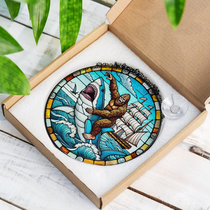 Funny Bigfoot and Shark Stained Glass Suncatcher