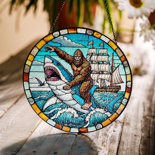 Funny Bigfoot and Shark Stained Glass Suncatcher