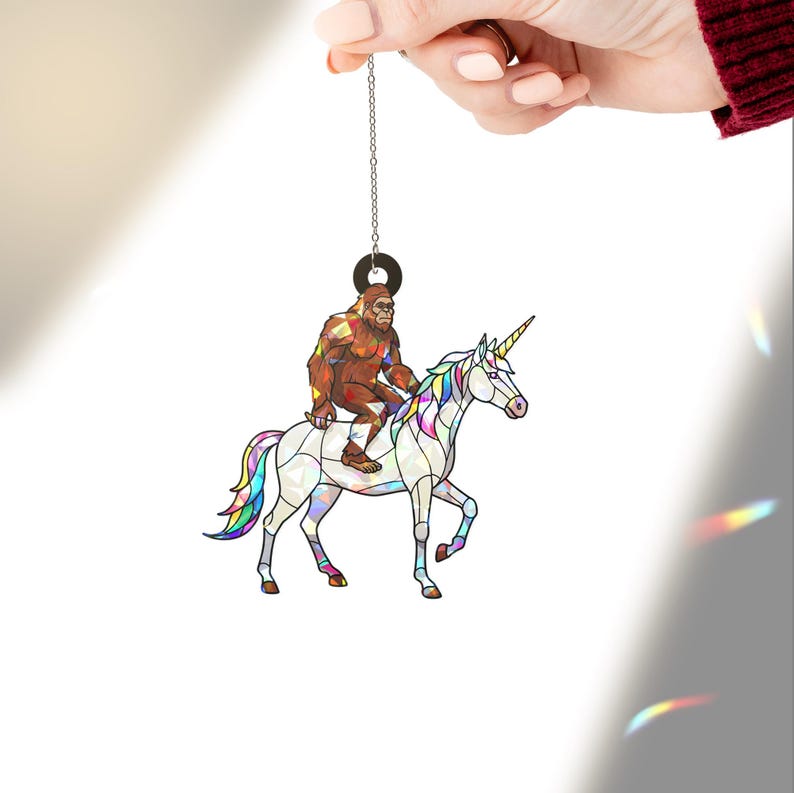Hologram Bigfoot Riding Unicorn Acrylic Window Hanging