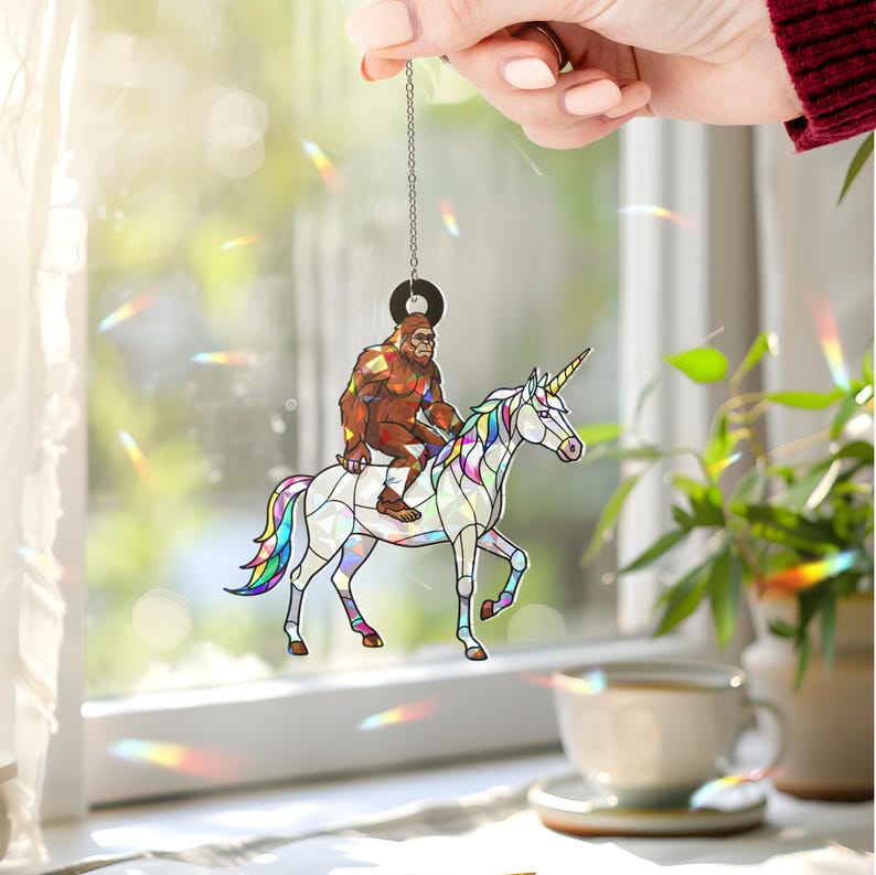 Hologram Bigfoot Riding Unicorn Acrylic Window Hanging