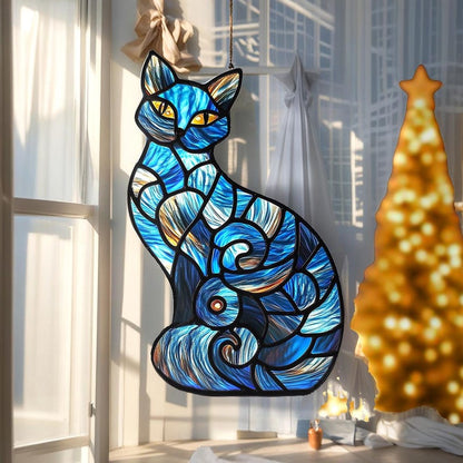 Mystical Black Cat Stained Glass Suncatcher