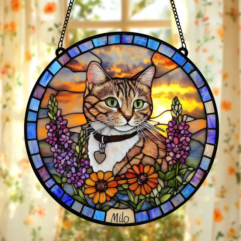 Custom Photo Cat Memorial Stained Glass Suncatcher