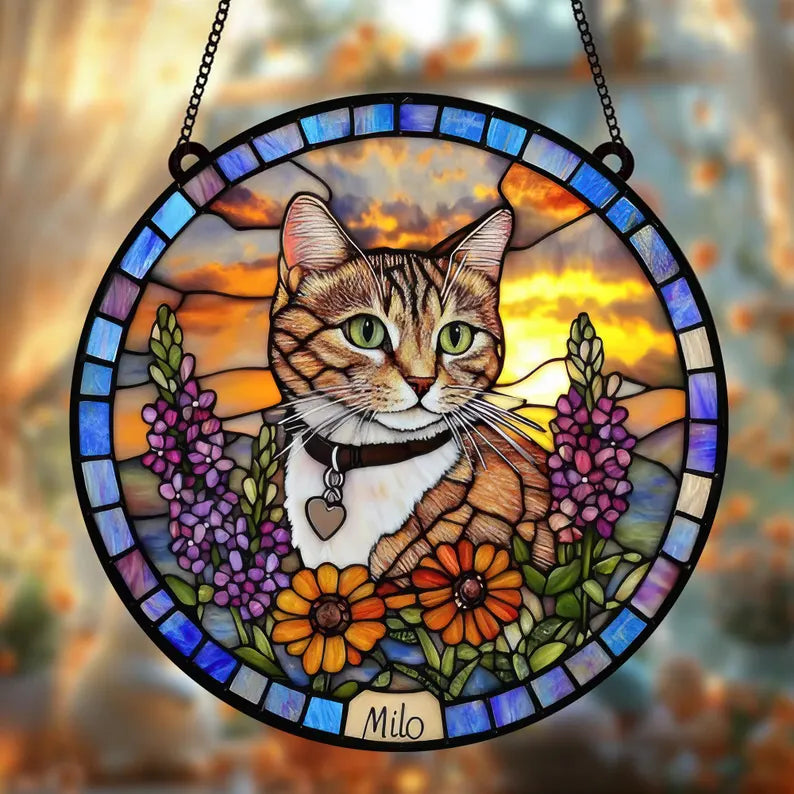 Custom Photo Cat Memorial Stained Glass Suncatcher