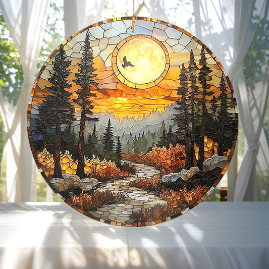 Mountain Forest Sunset Stained Glass Suncatcher