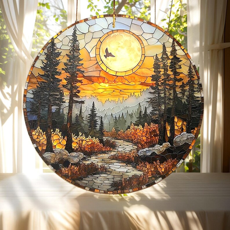 Mountain Forest Sunset Stained Glass Suncatcher