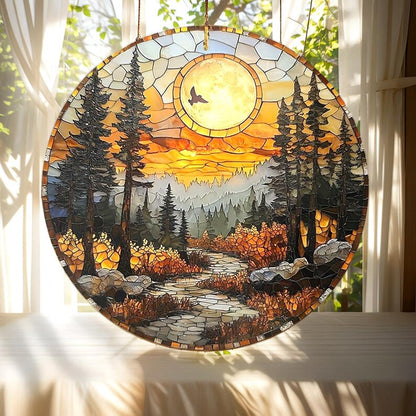 Mountain Forest Sunset Stained Glass Suncatcher