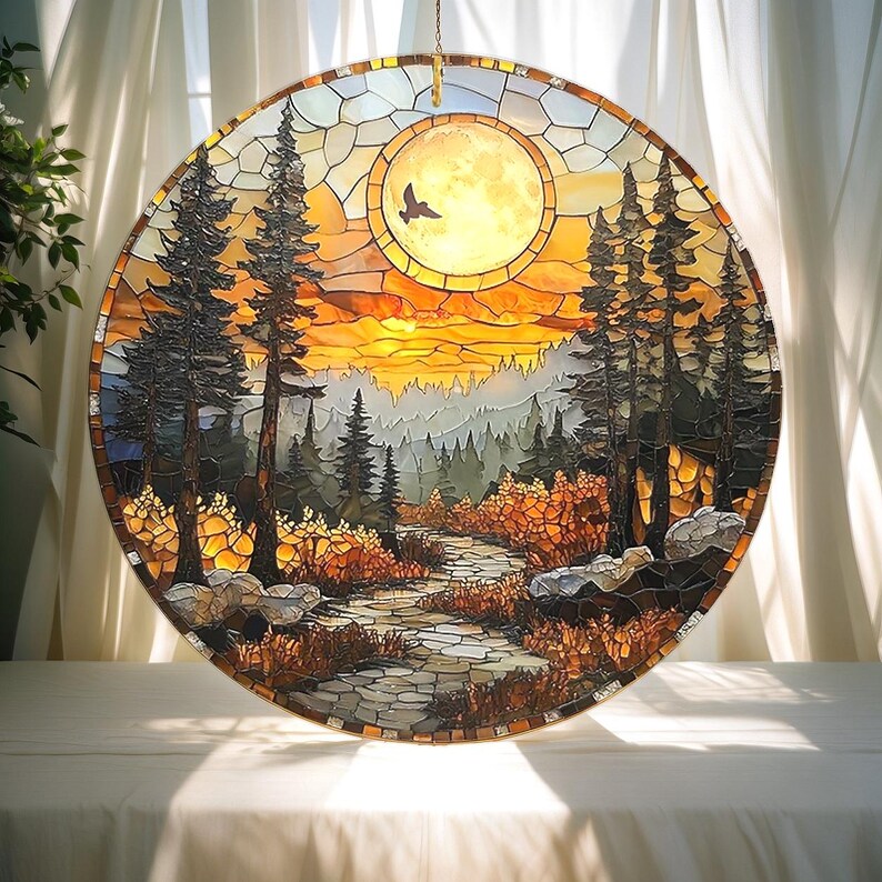 Mountain Forest Sunset Stained Glass Suncatcher