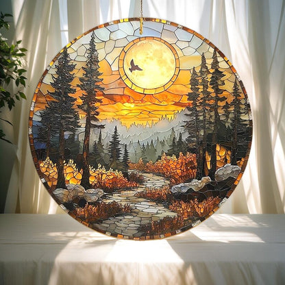 Mountain Forest Sunset Stained Glass Suncatcher