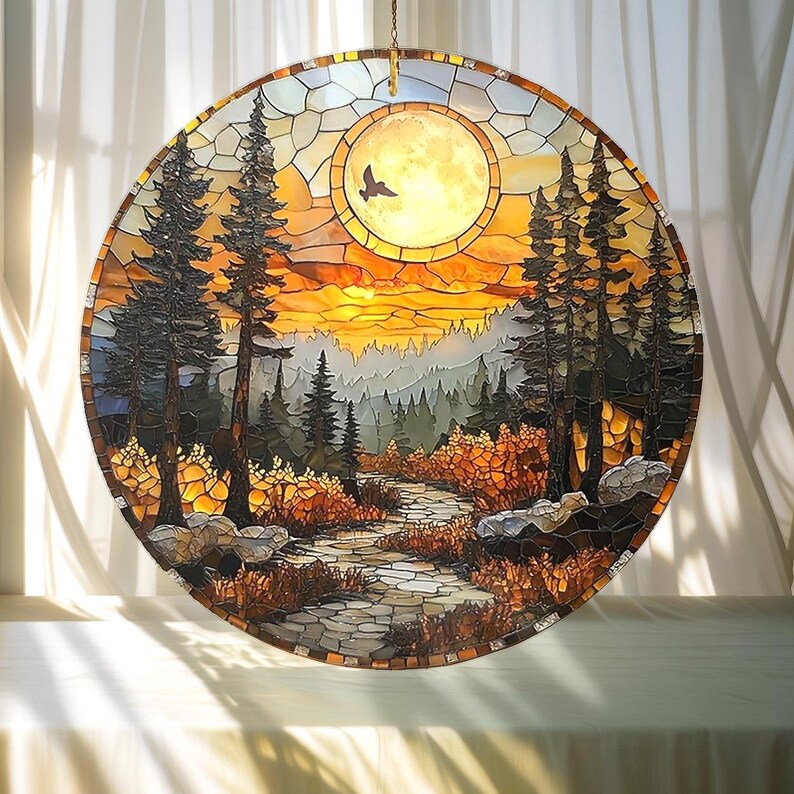Mountain Forest Sunset Stained Glass Suncatcher