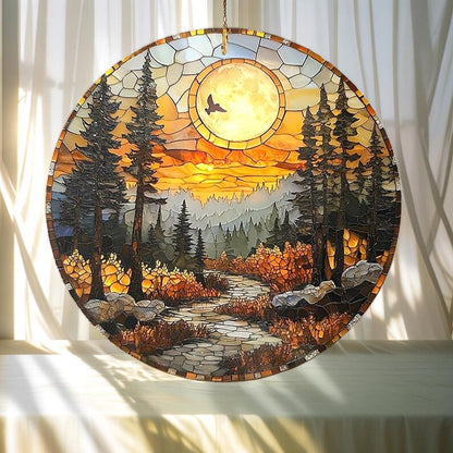 Mountain Forest Sunset Stained Glass Suncatcher