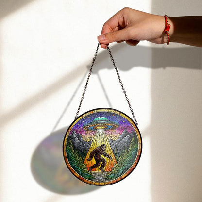 Funny UFO Abduction Bigfoot Stained Glass Suncatcher