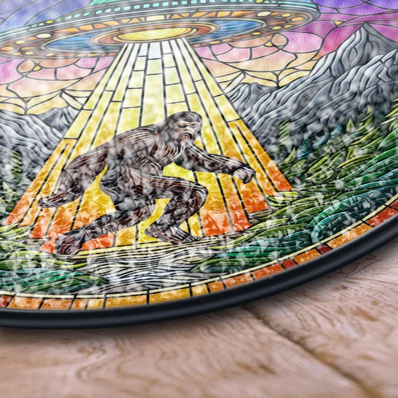 Funny UFO Abduction Bigfoot Stained Glass Suncatcher