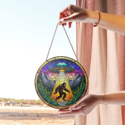 Funny UFO Abduction Bigfoot Stained Glass Suncatcher