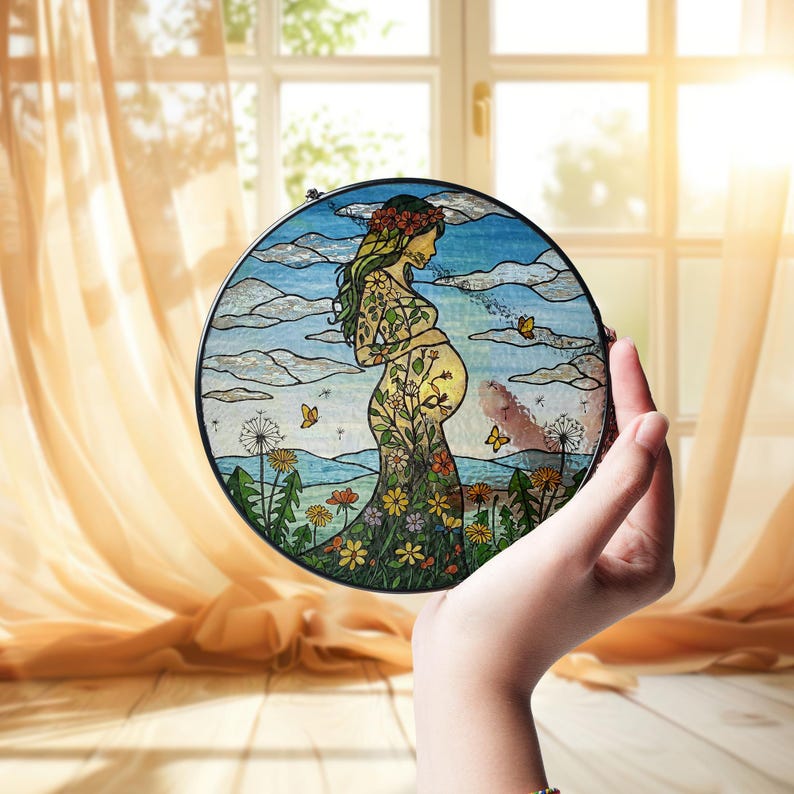 Floral Pregnant Mom Stained Glass Suncatcher