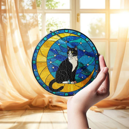 Cat On Moon Stained Glass Suncatcher