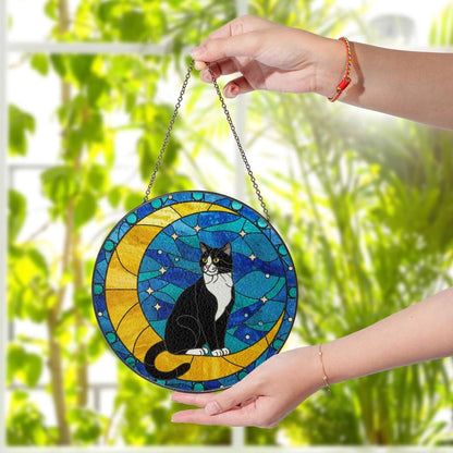 Cat On Moon Stained Glass Suncatcher