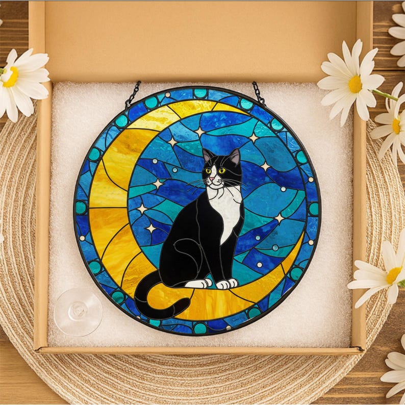 Cat On Moon Stained Glass Suncatcher