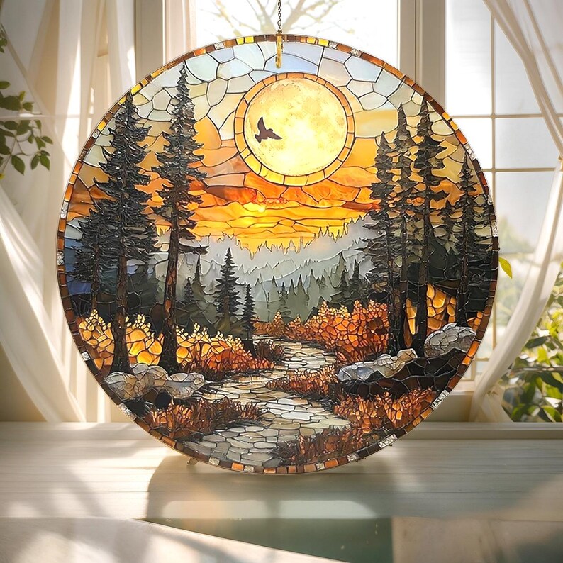 Mountain Forest Sunset Stained Glass Suncatcher