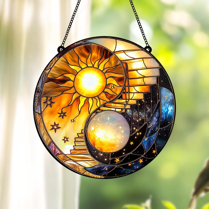 Celestial Sun and Moon Yin Yang Stain Glass Suncatcher